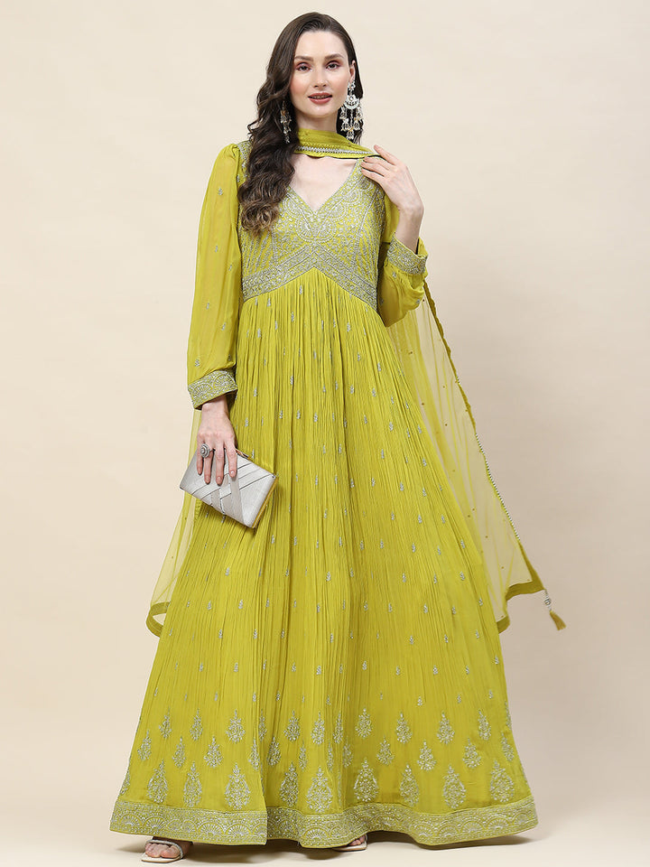 Sequin Embroidery Georgette Kurta With Churidar &amp; Dupatta