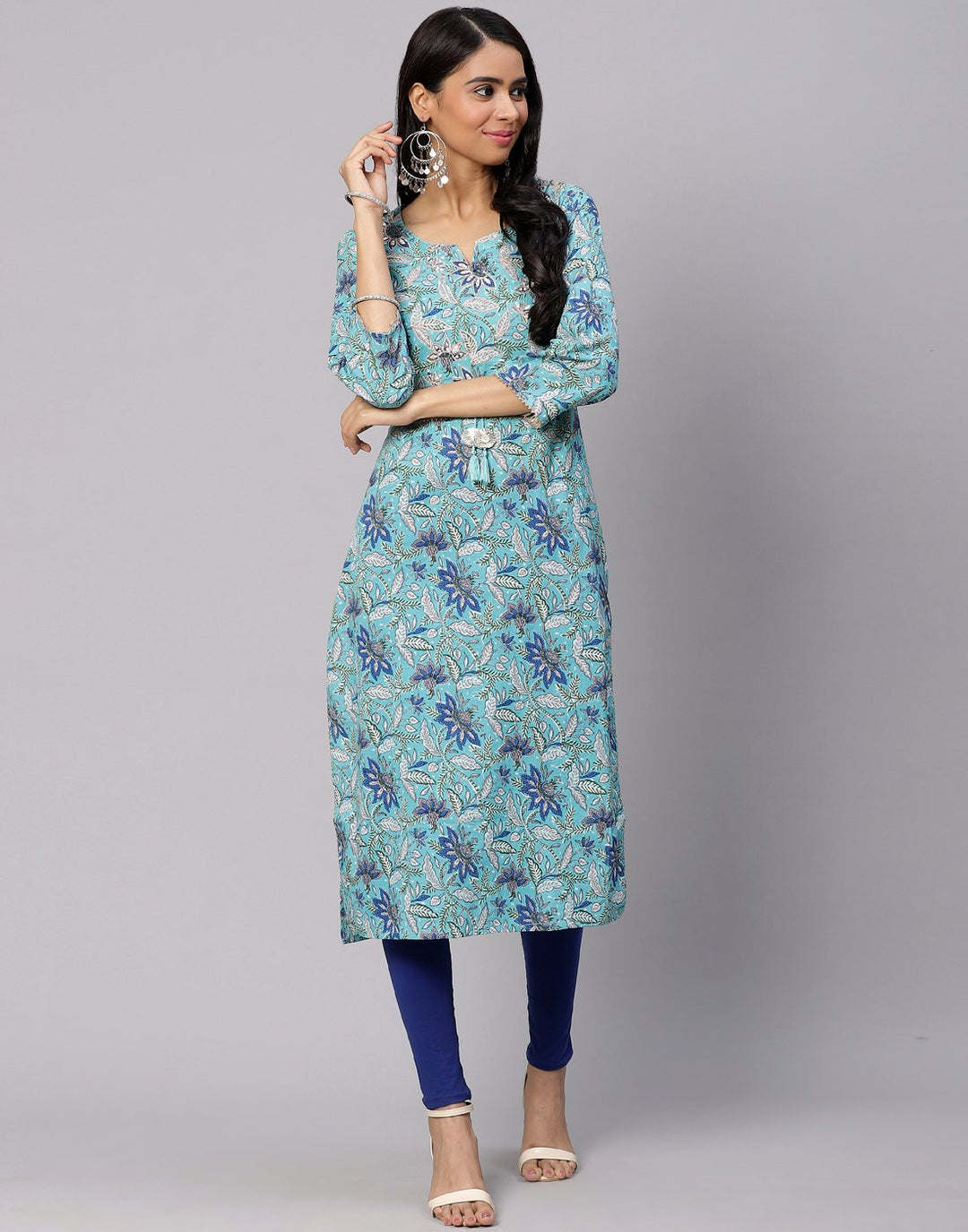 Floral Print Kurti With Gota Detail