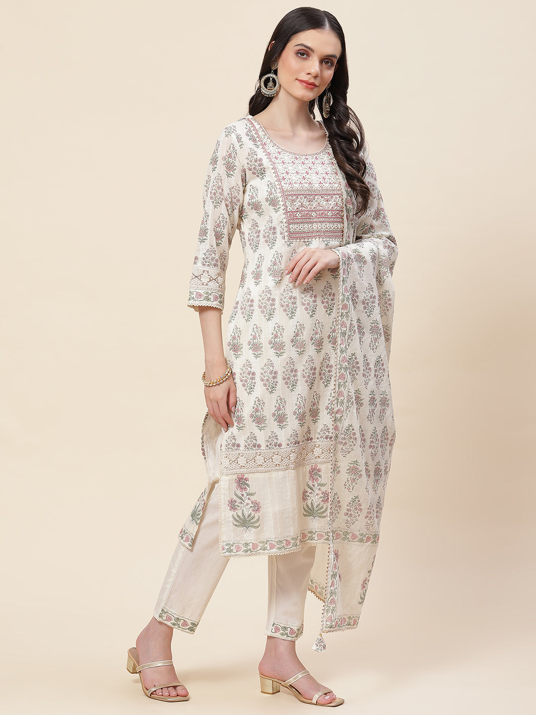 Floral Printed Cotton Kurta With Pants &amp; Dupatta