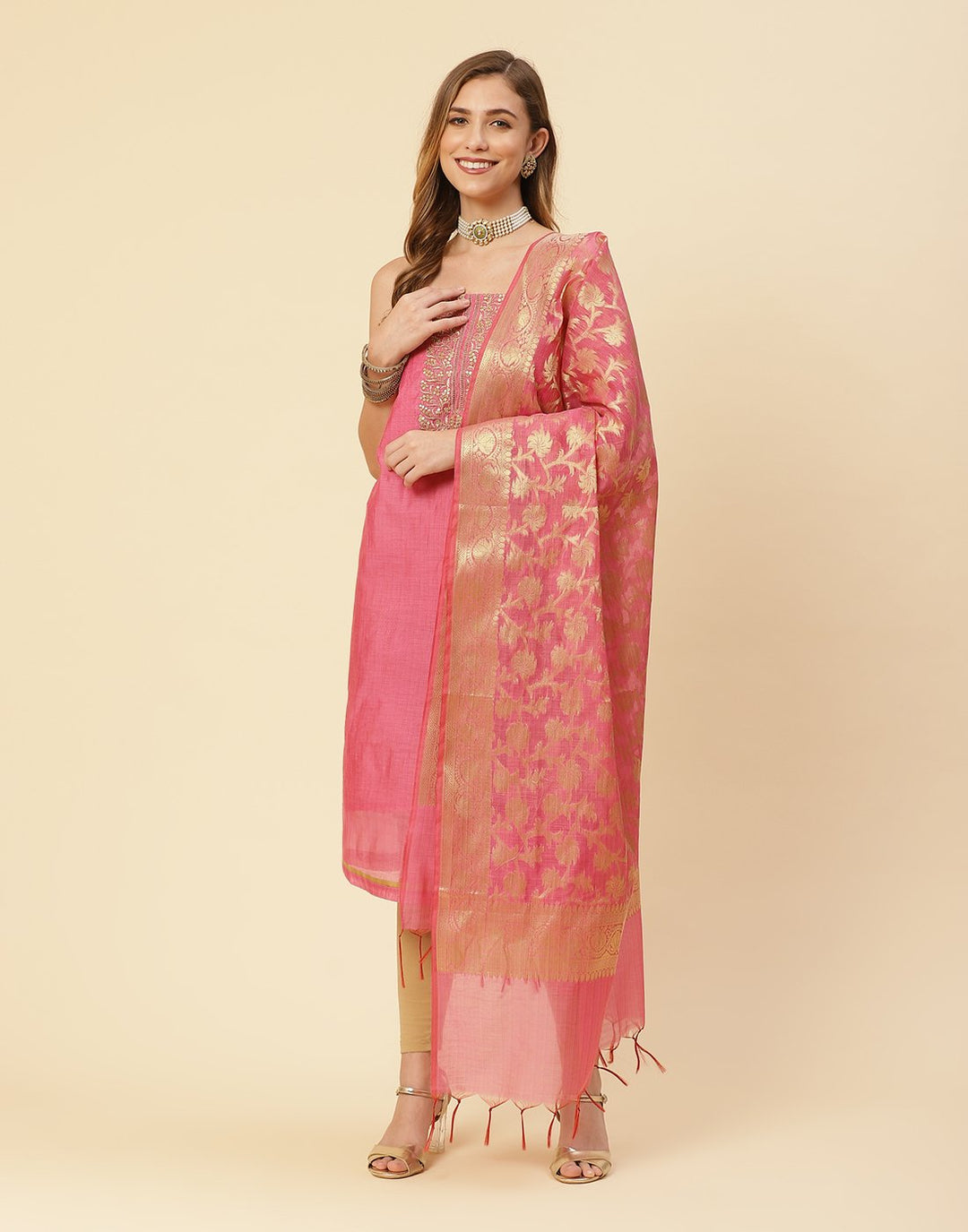 Embroidered Chanderi Suit Piece With Chanderi Banarasi Dupatta