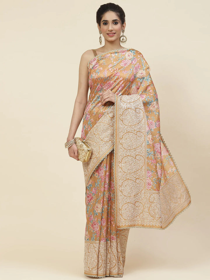 Digital Floral Printed With Resham Border Tussar Saree