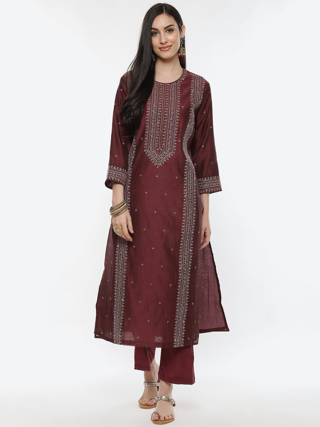 Resham Neck Jaal Chanderi Kurti With Pant