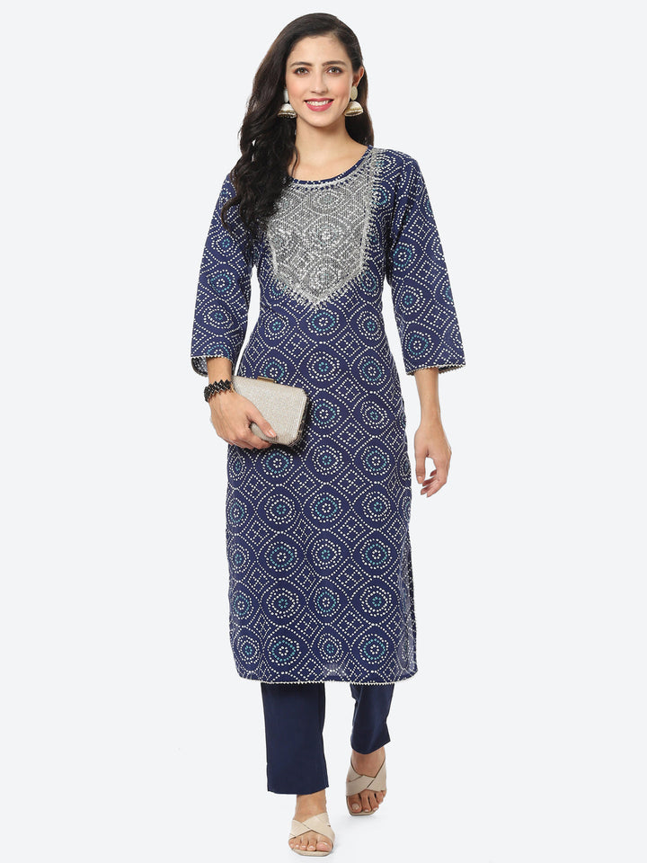 Yoke Embroided Bandhani Printed Cotton Kurti
