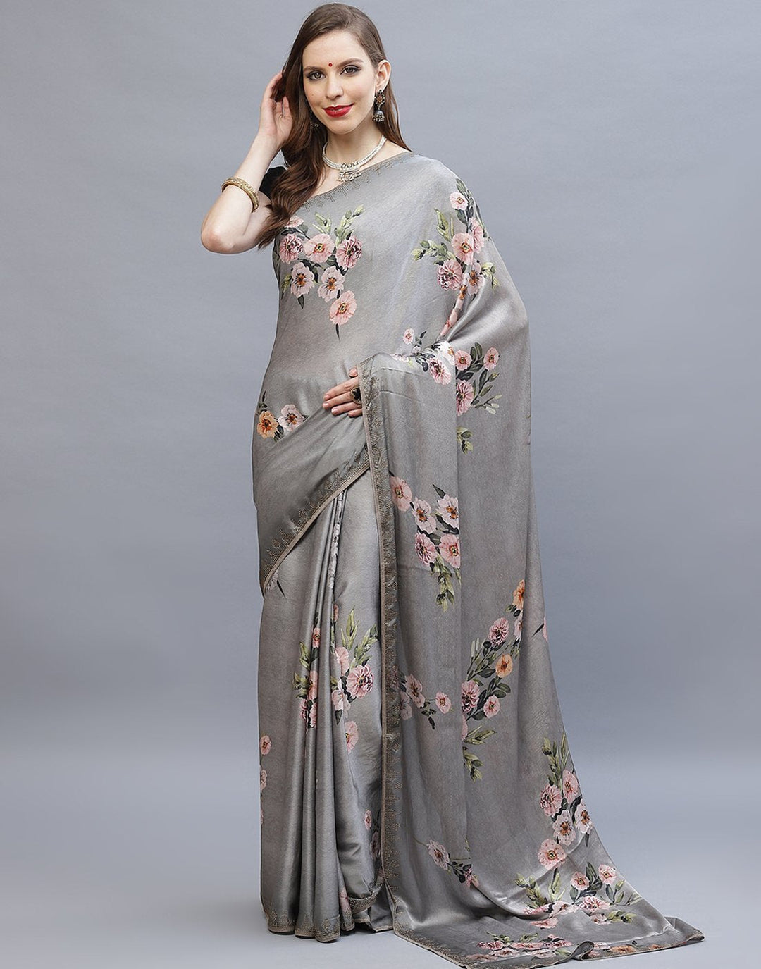 Floral Printed Satin  Saree