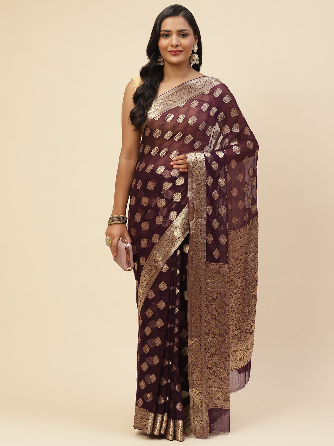 Zari Booti Chiffon Plain Saree