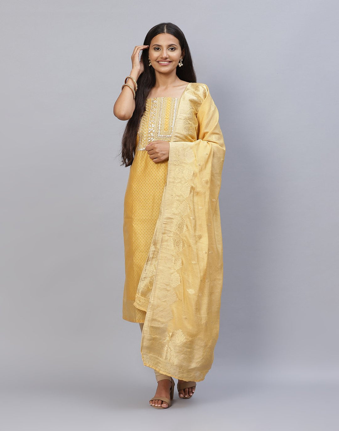 Embroidered Chanderi Suit Piece With Chanderi Banarasi Dupatta