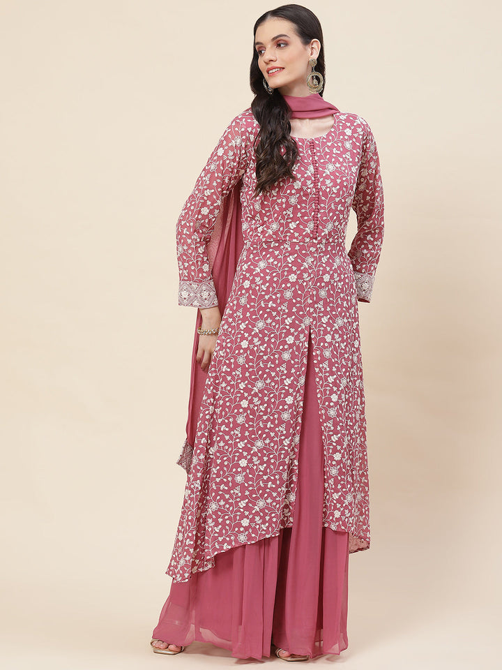 Embroidered Georgette Kurta With Palazzo &amp; Dupatta