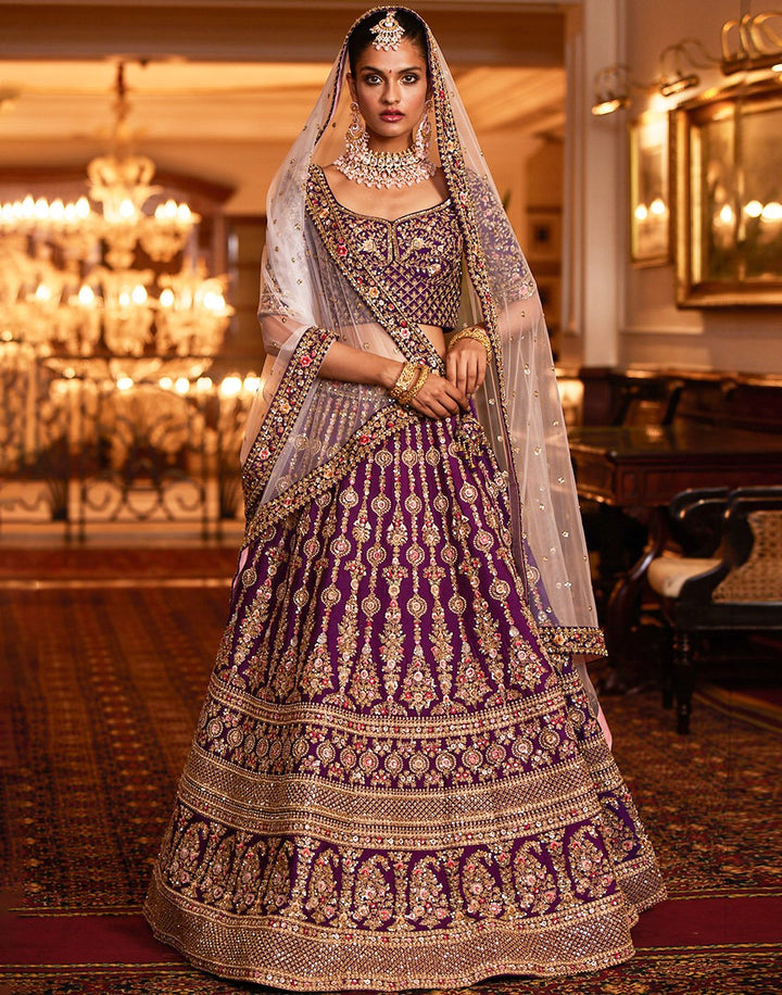 Embroidered Art Handloom Dupion Bridal Lehenga With Net Dupatta