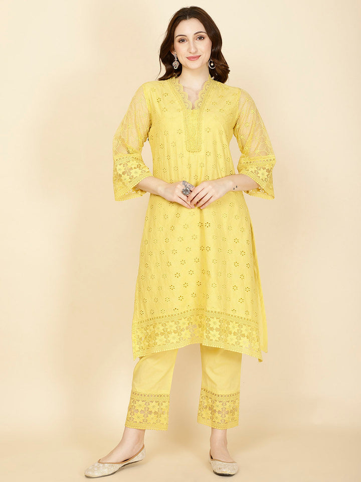 Thread Embroidery Cotton Kurta With Pants