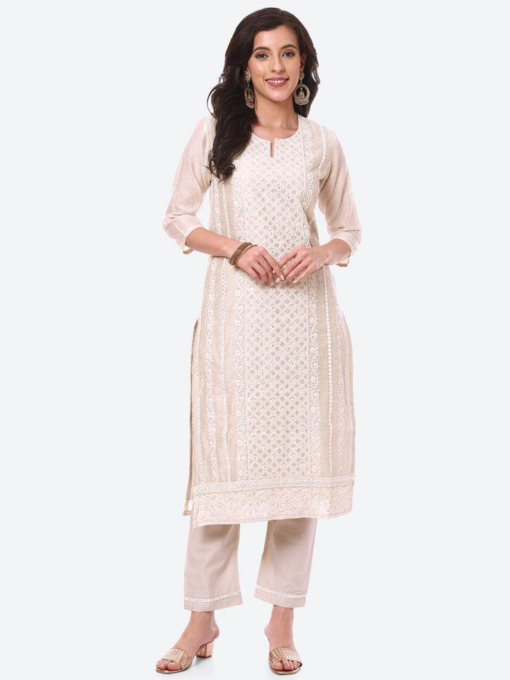 Mirror Work Embroidered Cotton Kurta With Pant