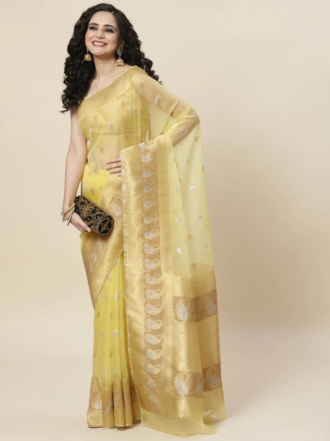 Zari Border Booti Organza Woven Saree