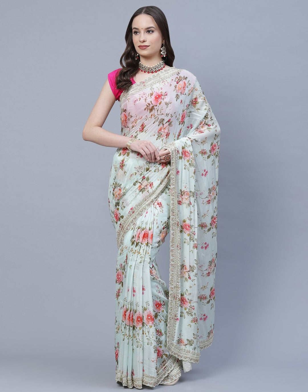 Digital Floral Printed Crepe Saree with Silver Zari Embroidery