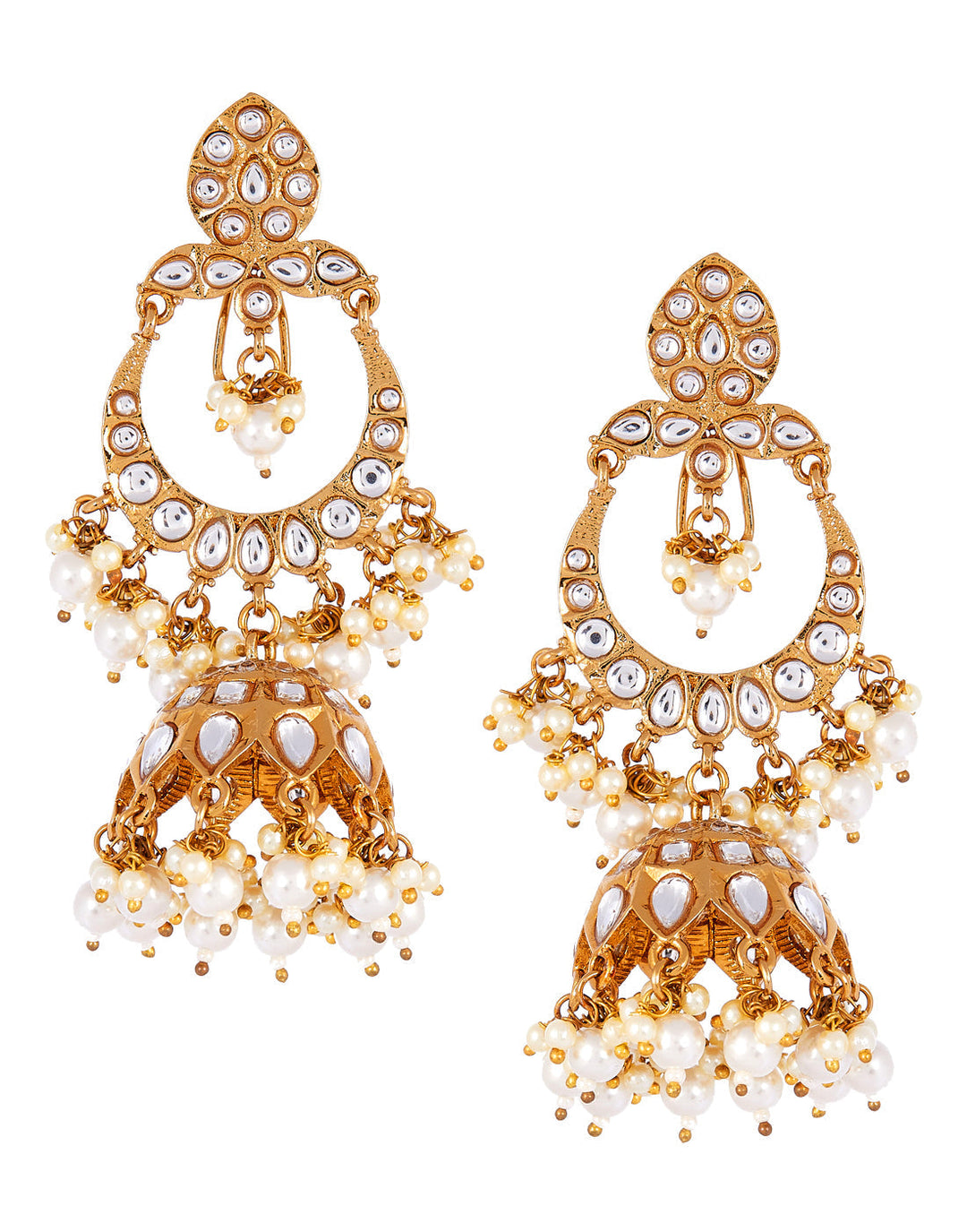 Gold Plated Earrings Embellished With Pearls And White Stone