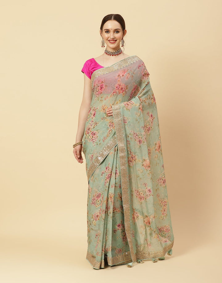 Digital Printed Organza Kora Gota Patti Saree
