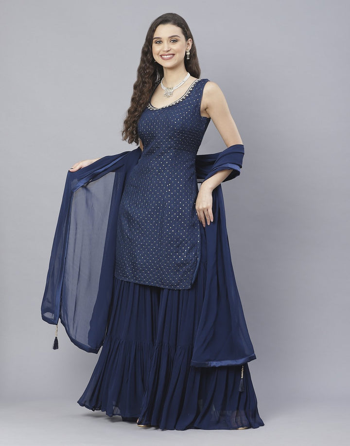 Navy Blue and Rani Handloom Dupion Salwar Kameez