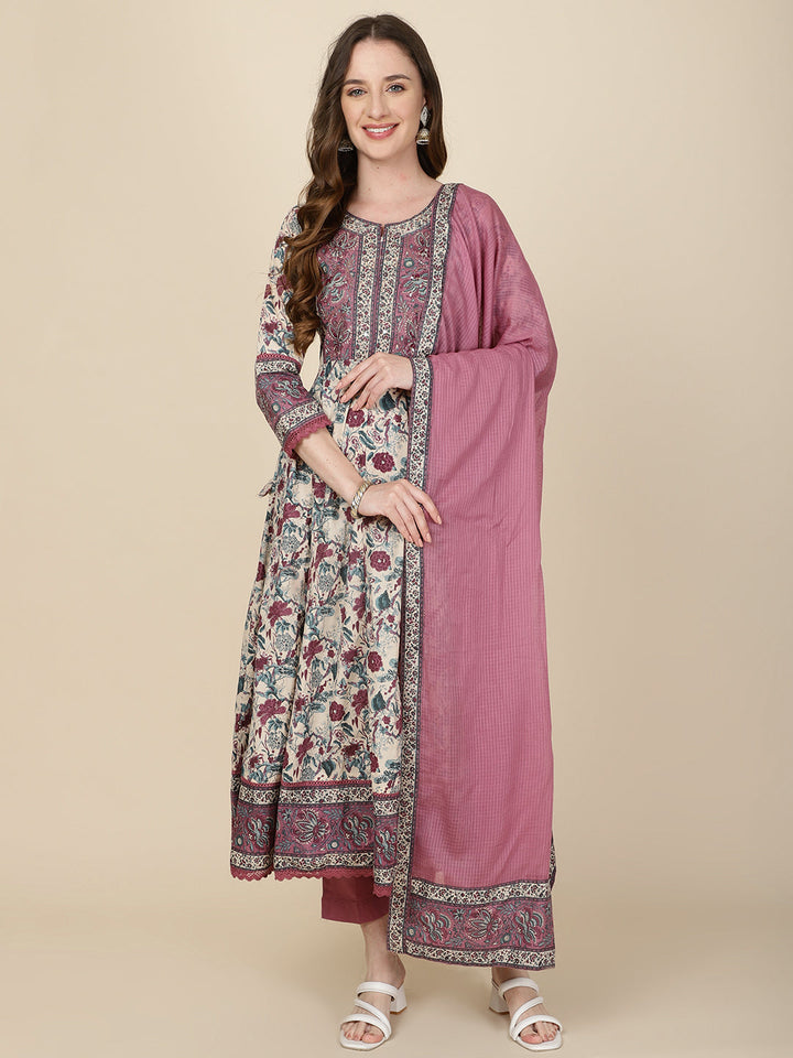Floral Printed Cotton Kurta With Pants &amp; Dupatta