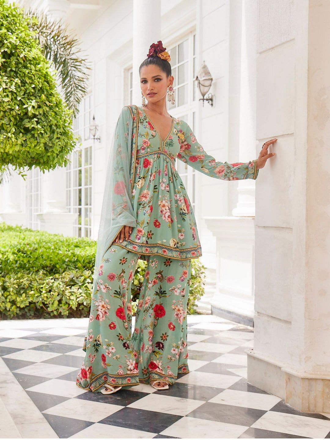 Floral Digital Printed Crepe Kurti With Sharara &amp; Net Dupatta