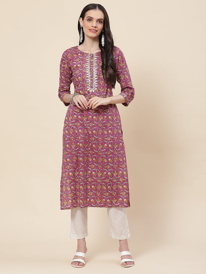 Printed &amp; Neck Embroidered Cotton Kurta