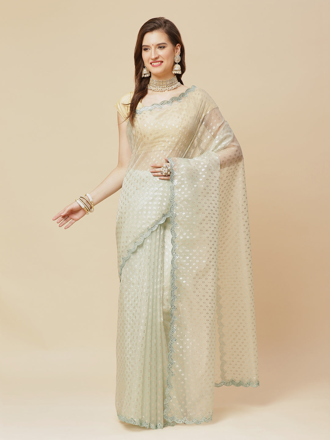 Mirror Gota Border Embroidered Organza Saree
