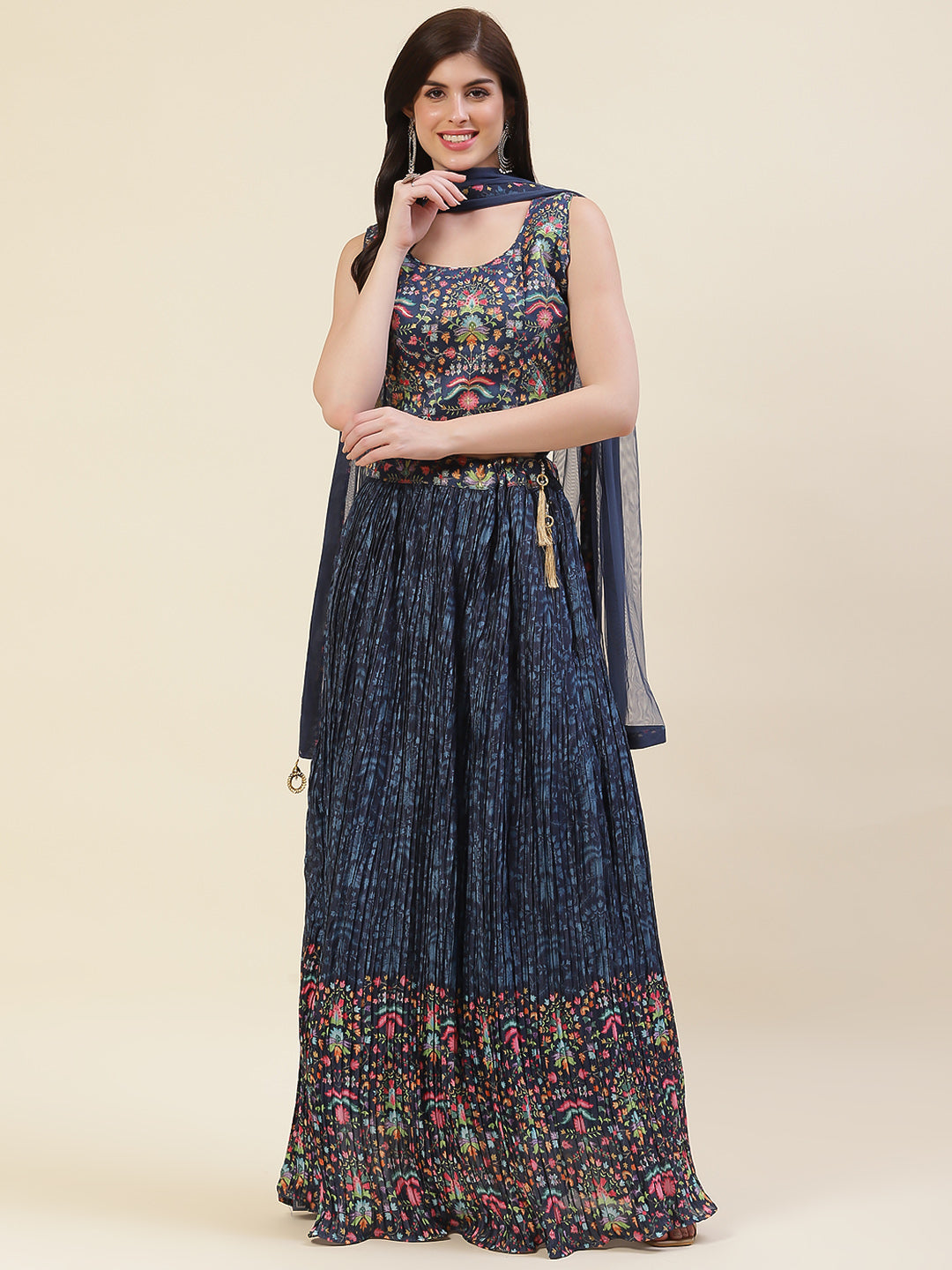 Floral Printed Crepe Choli With Lehenga &amp; Dupatta