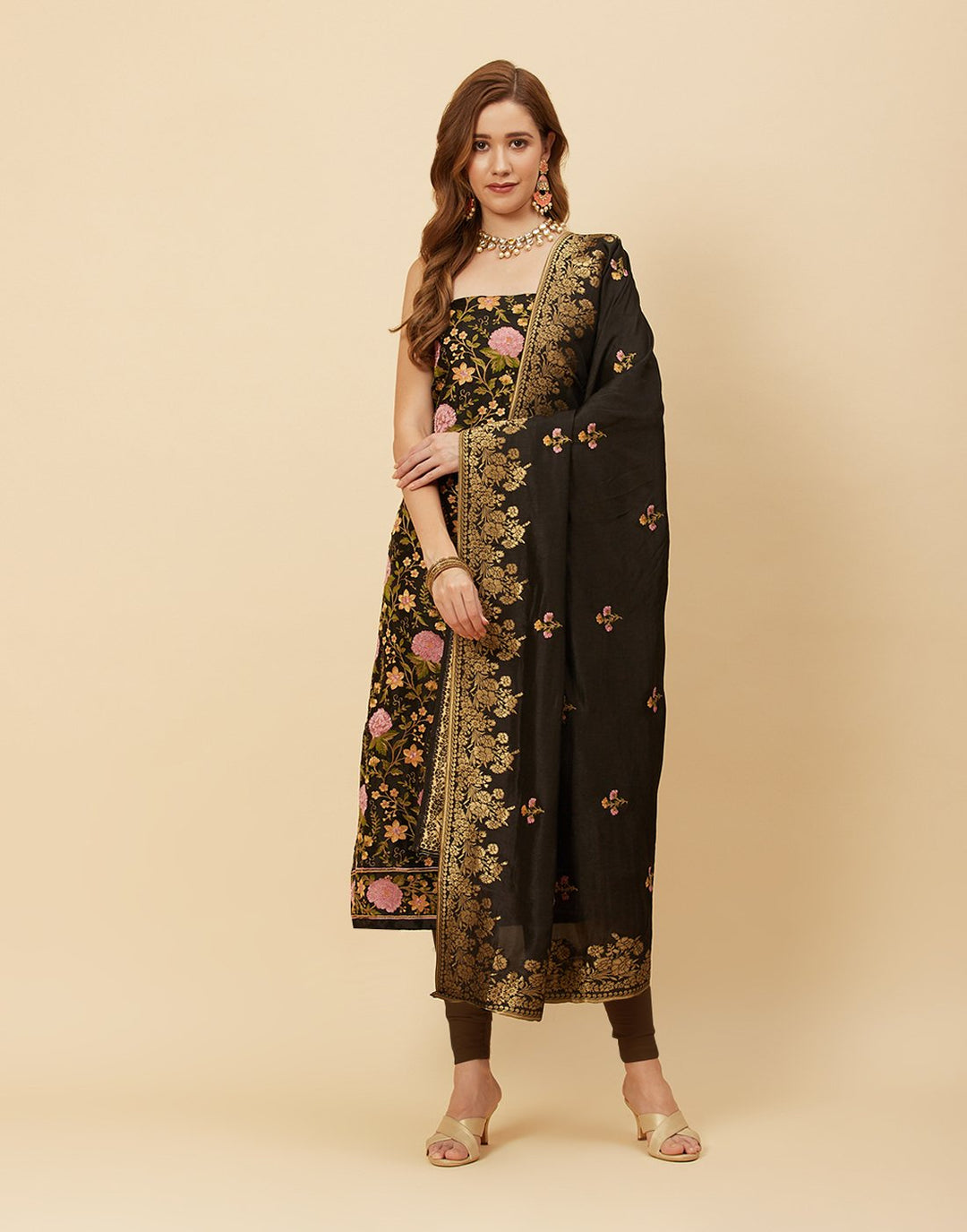 Embroidered Art Handloom Dupion Suit Piece With Banarasi Dupatta