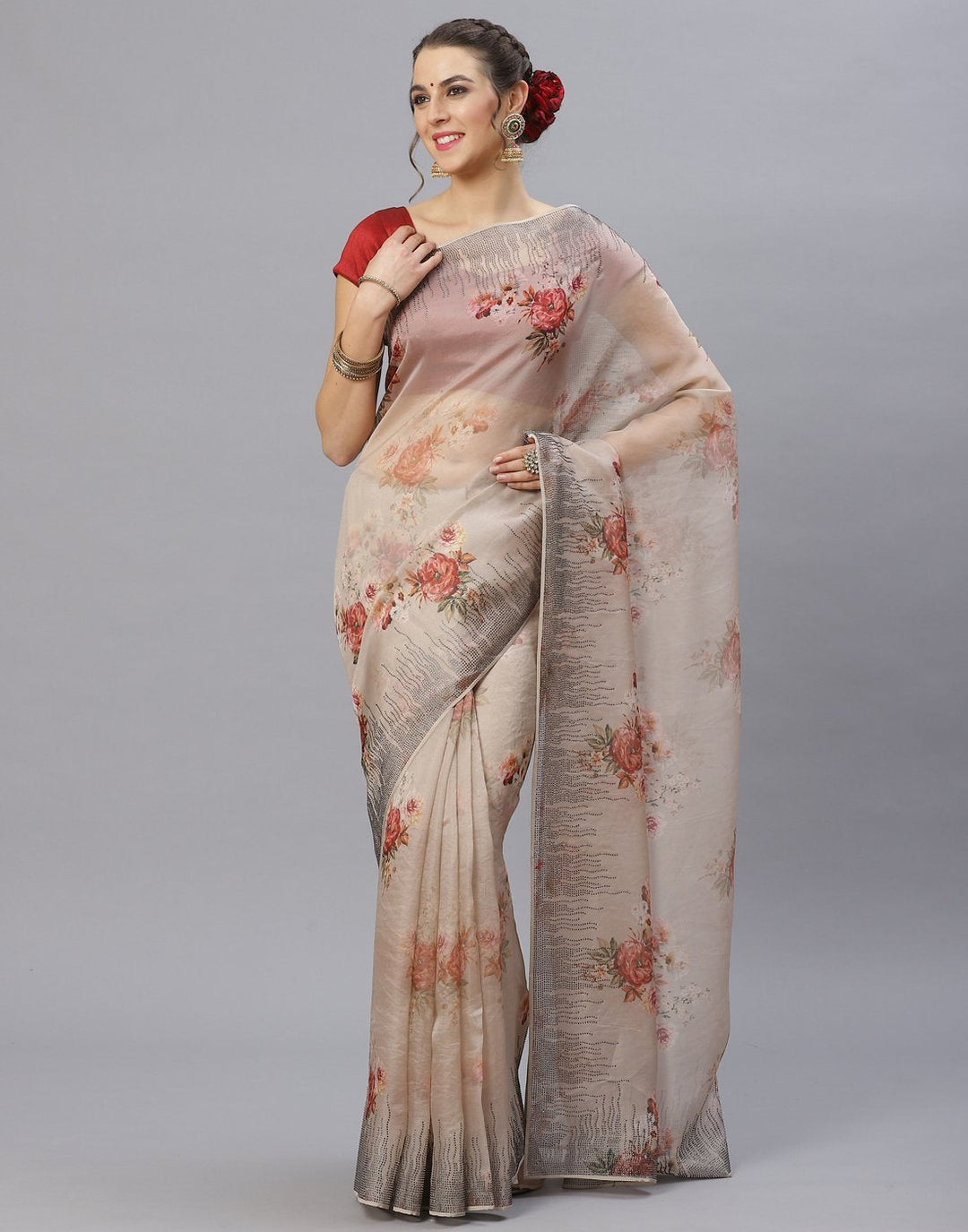 Grey Floral Printed Kora Saree