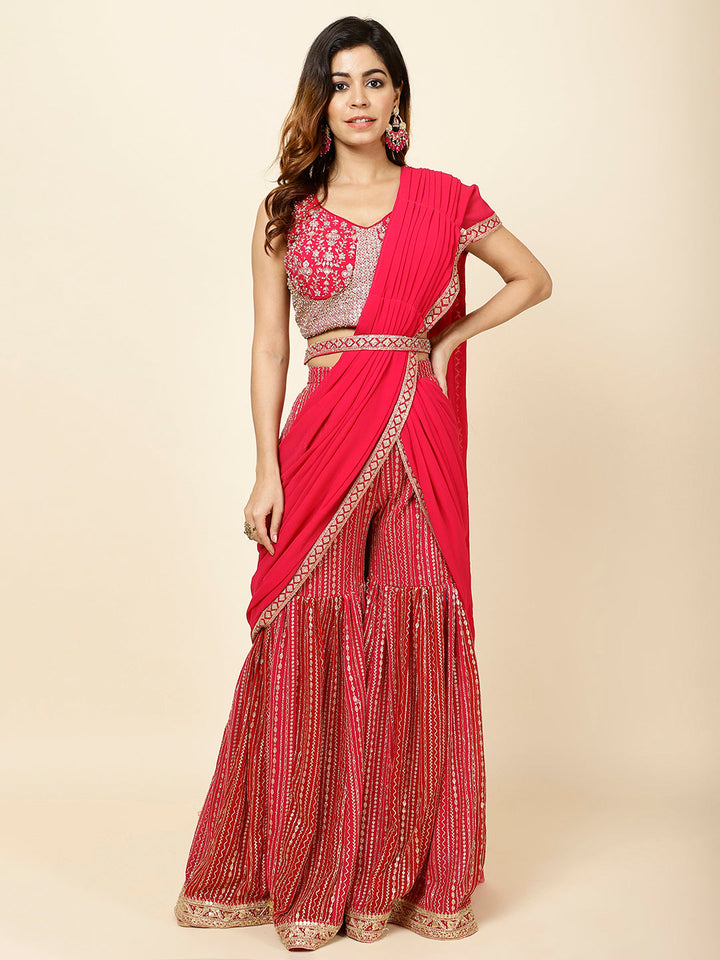 Zari Embroidered Crepe Crop Top With Dupatta &amp; Sharara