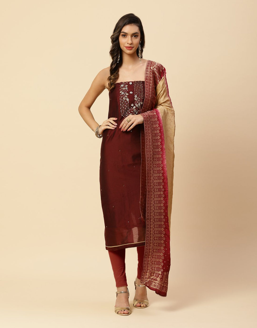 Embroidered Chanderi Suit Piece With Banarasi Dupatta