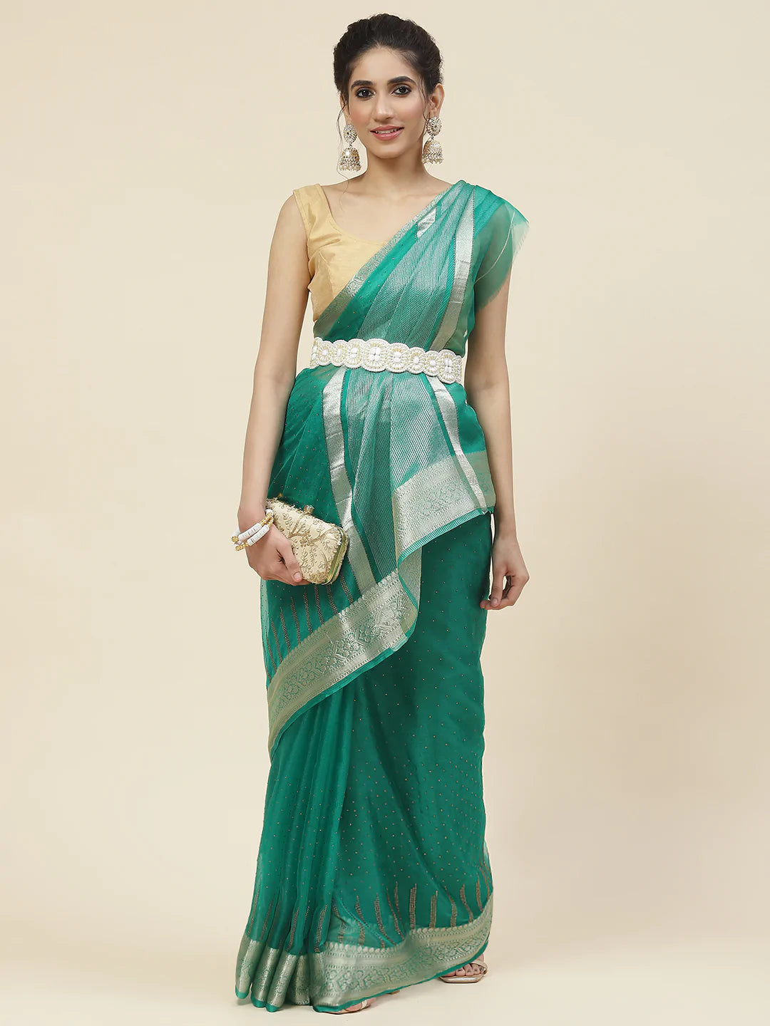 Stone Work Organza Plain Saree