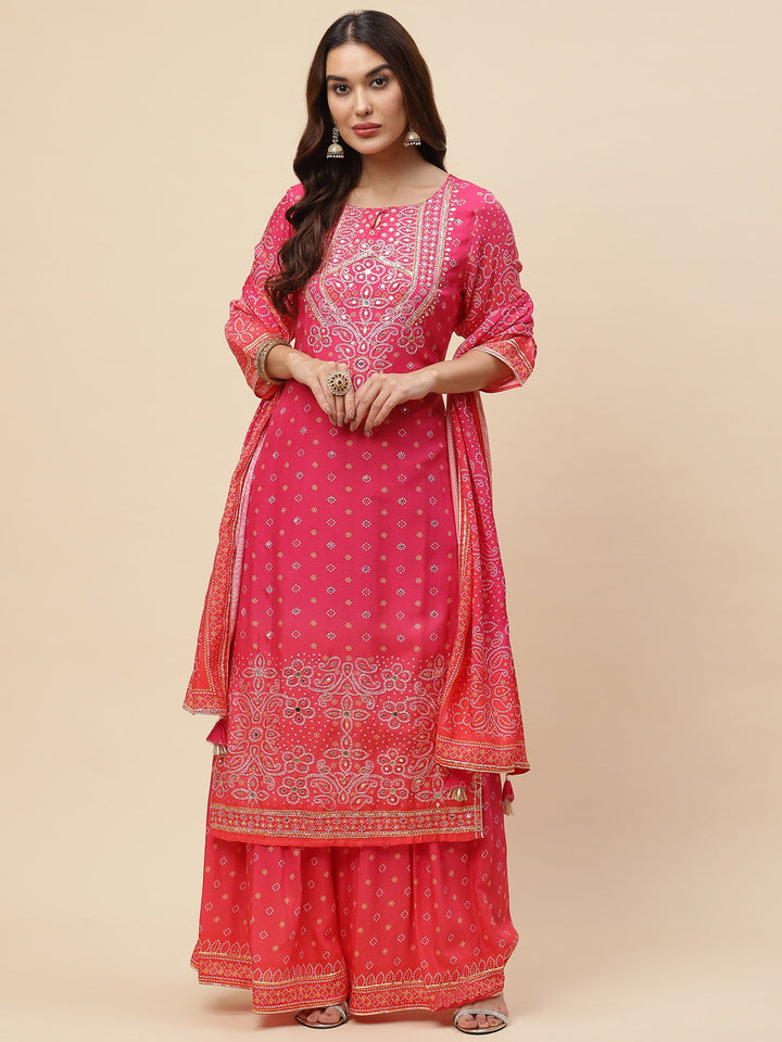 Bandhani Printed Muslin Kurta With Sharara &amp; Dupatta