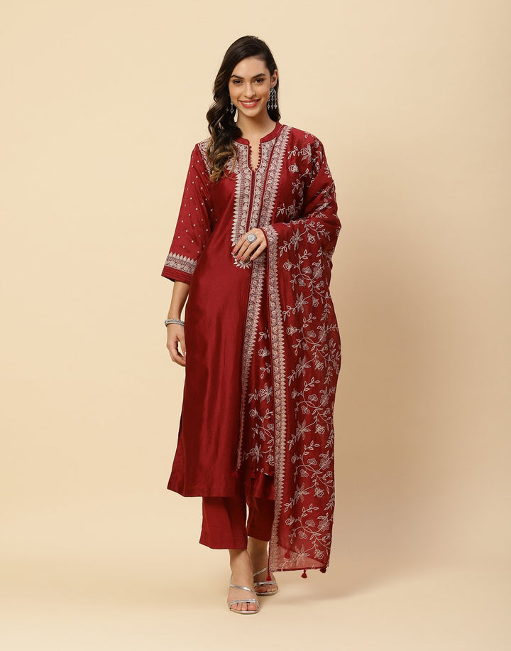 Embroidered Cotton Chanderi Salwar Kameez Stitched Suit With Chanderi Dupatta