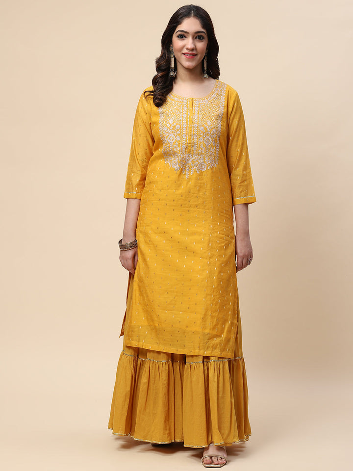 Neck Embroidered Woven Chanderi Kurta With Skirt