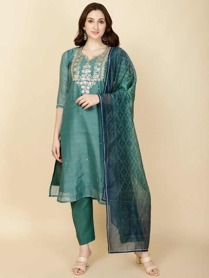 Neck Gota Patti &amp; Printed Chanderi Kurta With Pants &amp; Dupatta
