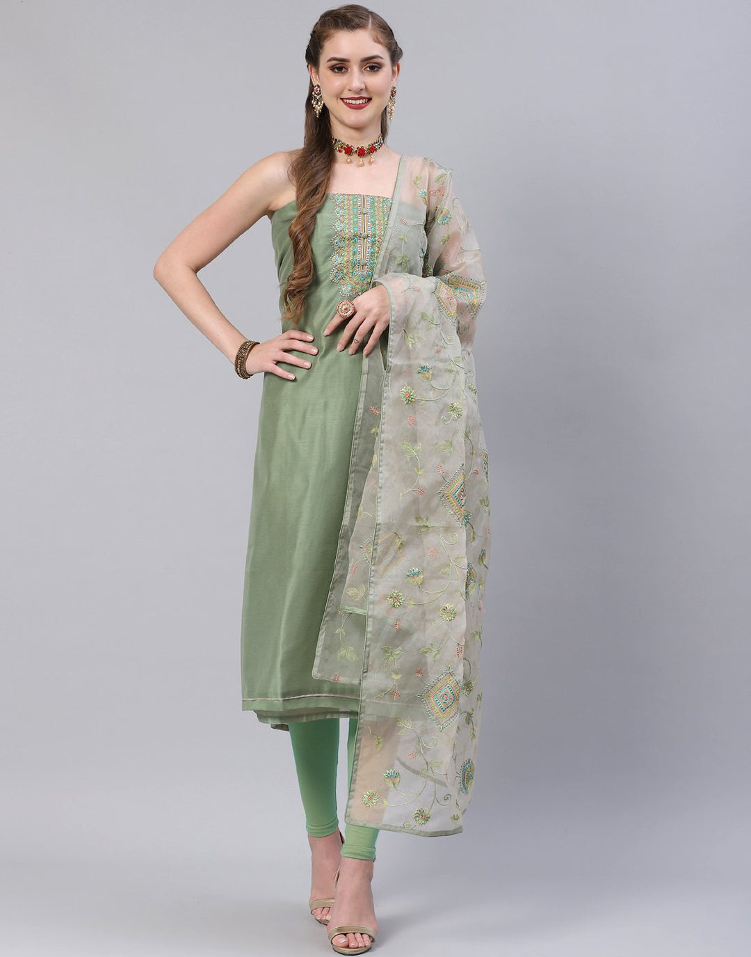 Chanderi Embroidered Suit Piece with fancy dupatta