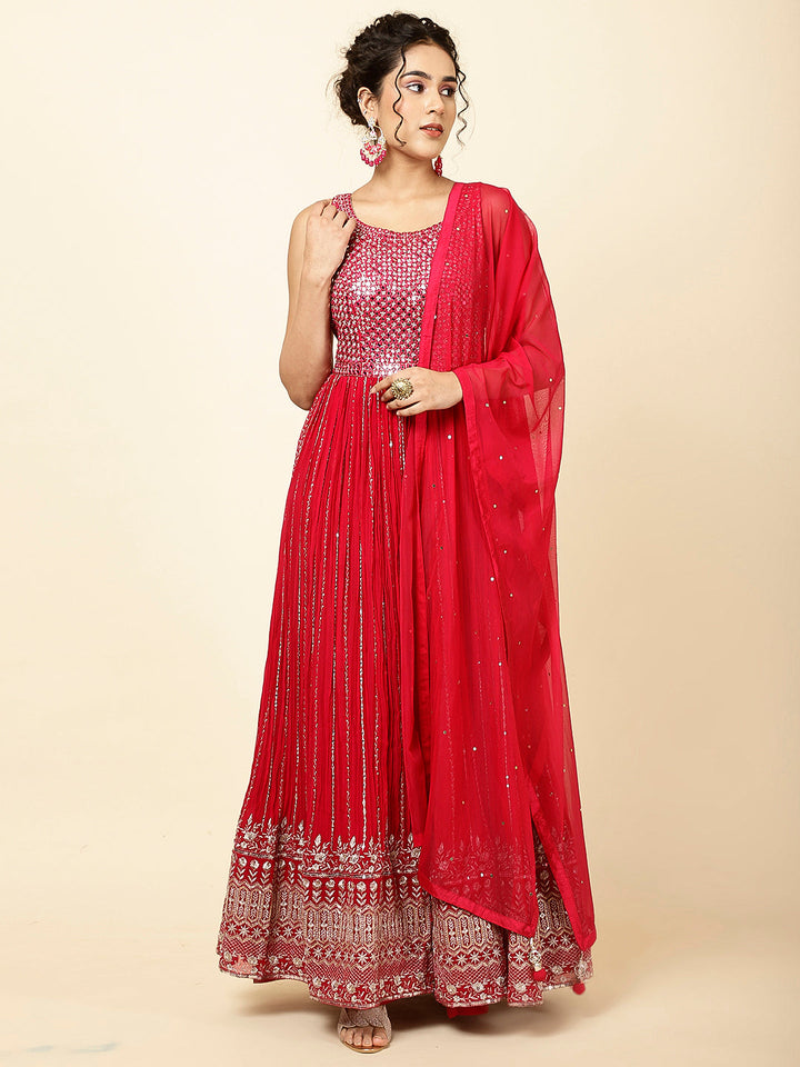 Embroidered Georgette Kurta With Pants &amp; Dupatta