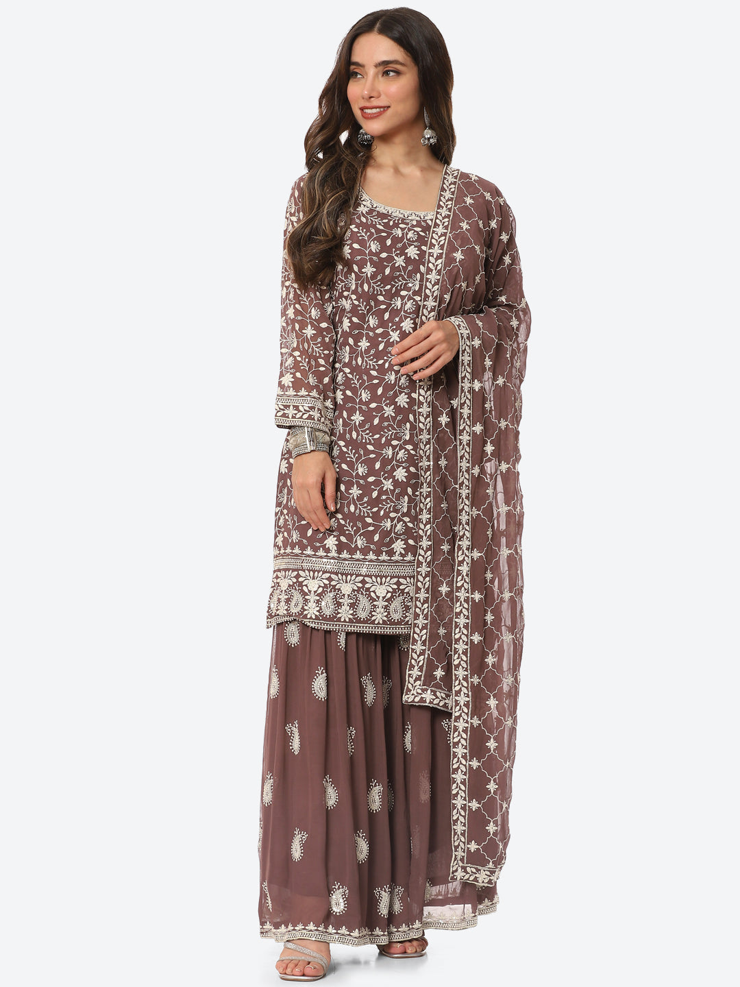 Resham Embroidered Georgette Kurta With Garara &amp; Dupatta