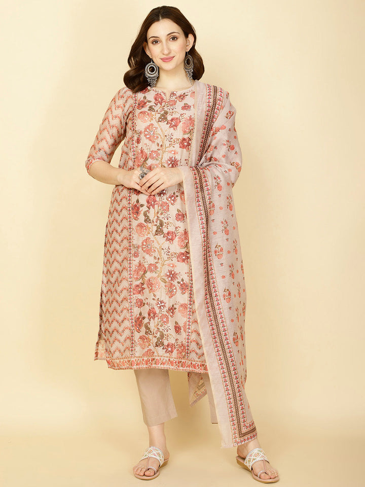 Floral Printed Chanderi Kurta With Pants &amp; Dupatta