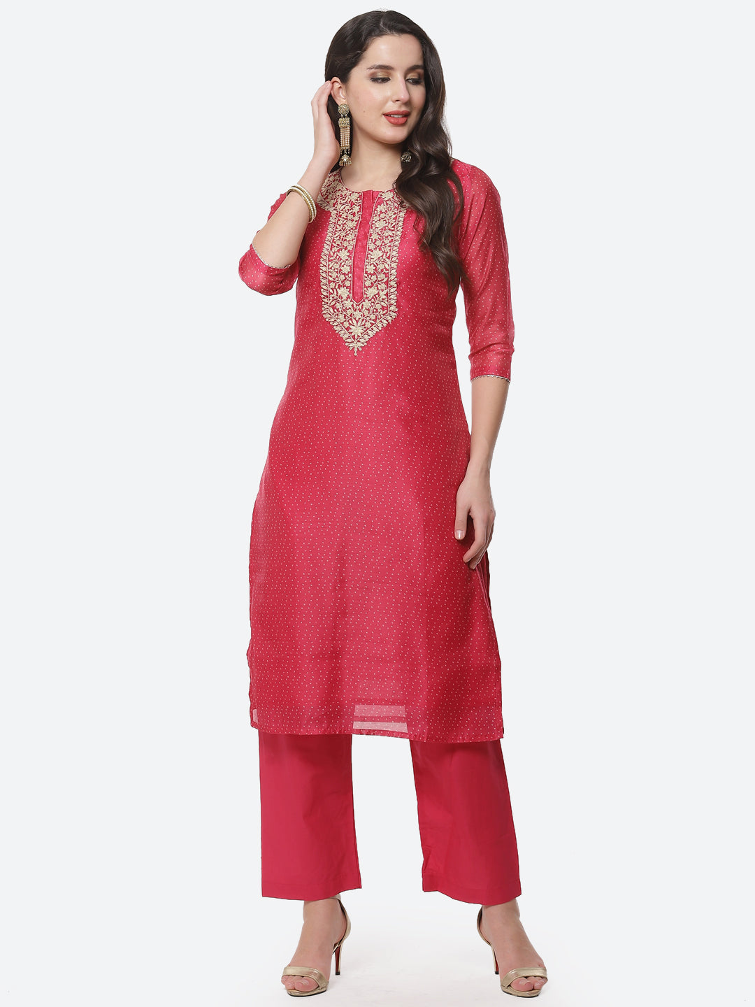 Neck Embroidered Chanderi Kurti With Pant