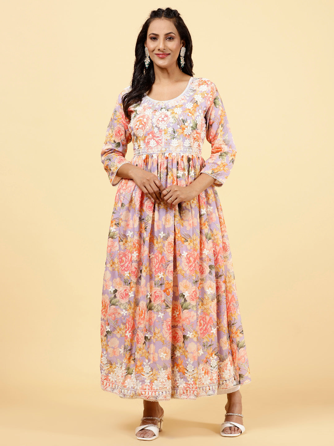Floral Printed &amp; Neck Embroidered Cotton Kurta
