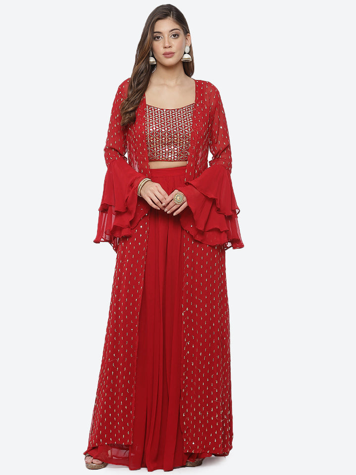 Mirror Work Georgette Crop Top With Palazzo &amp; Jacket