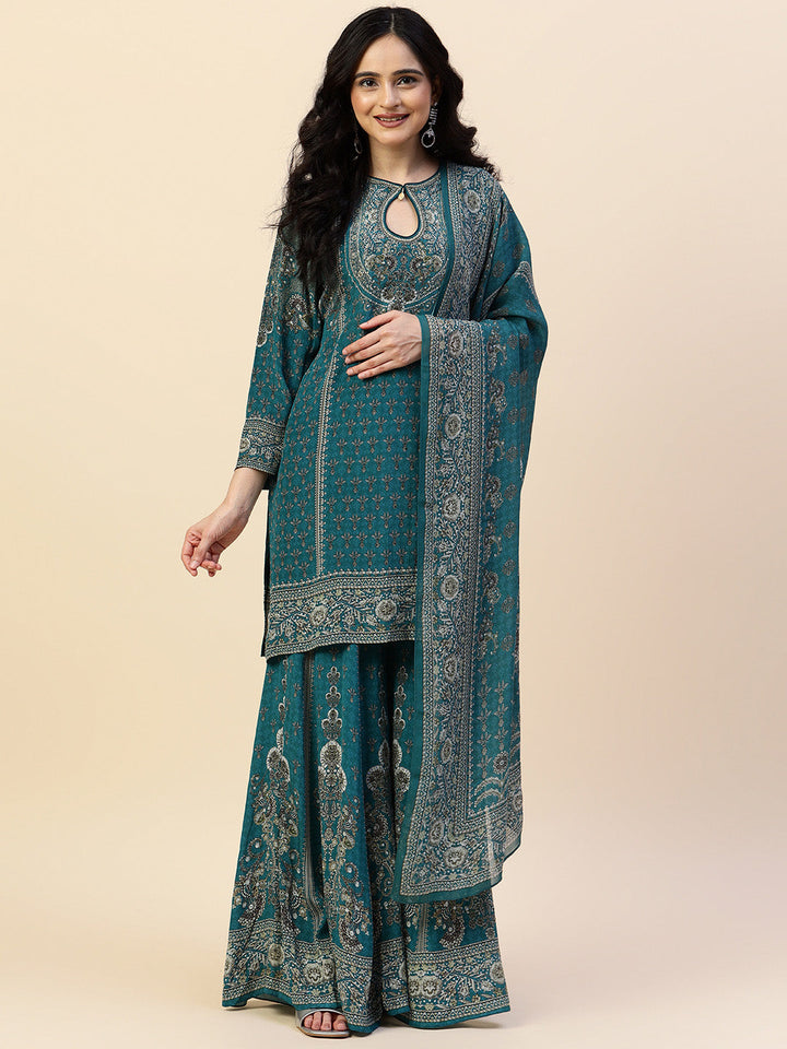 Digital Printed Crepe Kurta With Sharara &amp; Dupatta