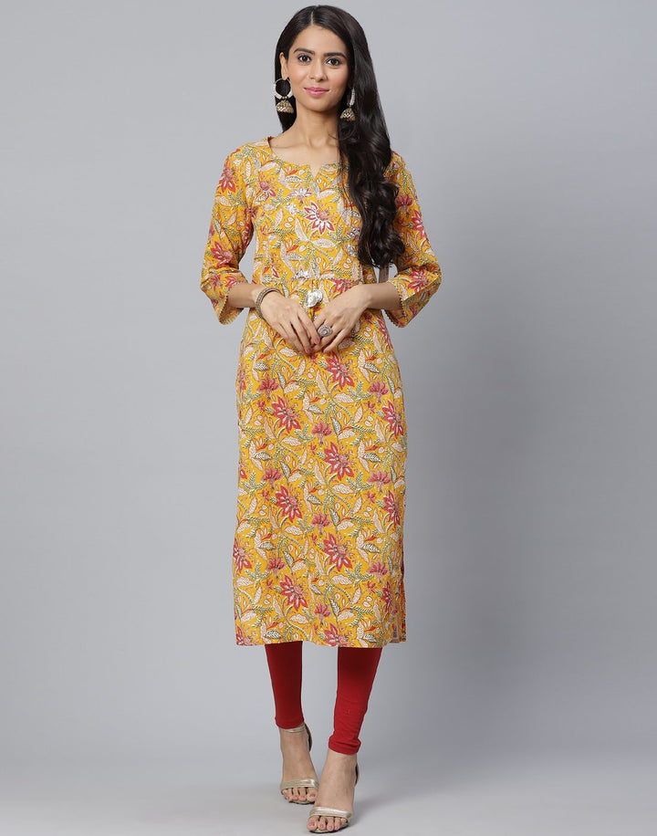 Floral Print Kurti With Gota Detail
