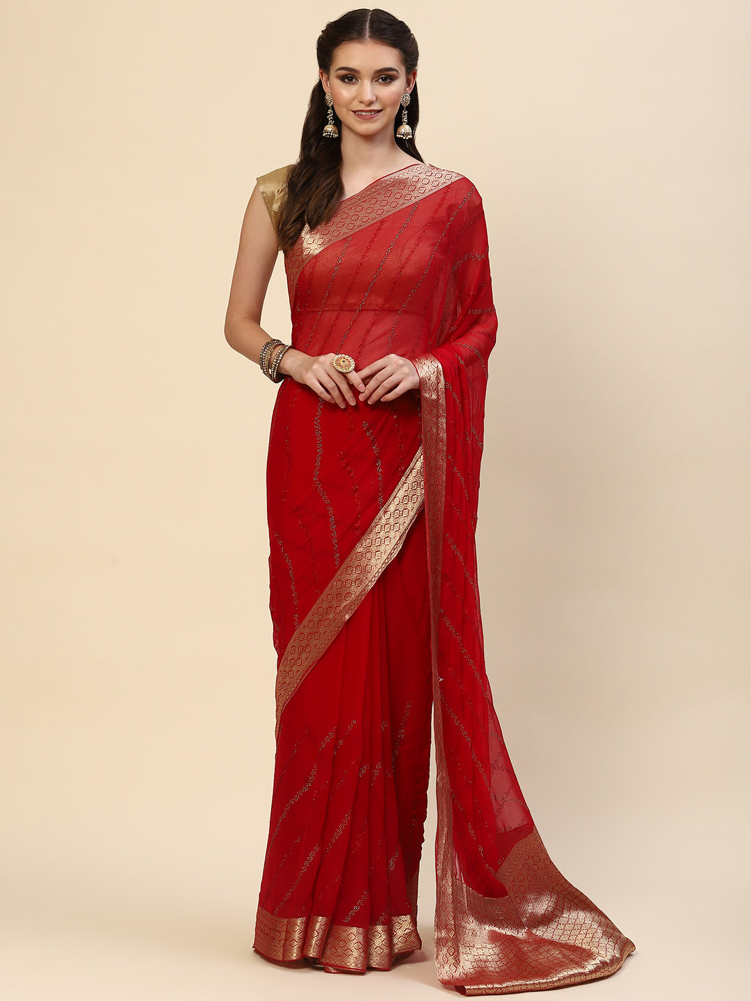 Stone Work Chiffon Plain Saree
