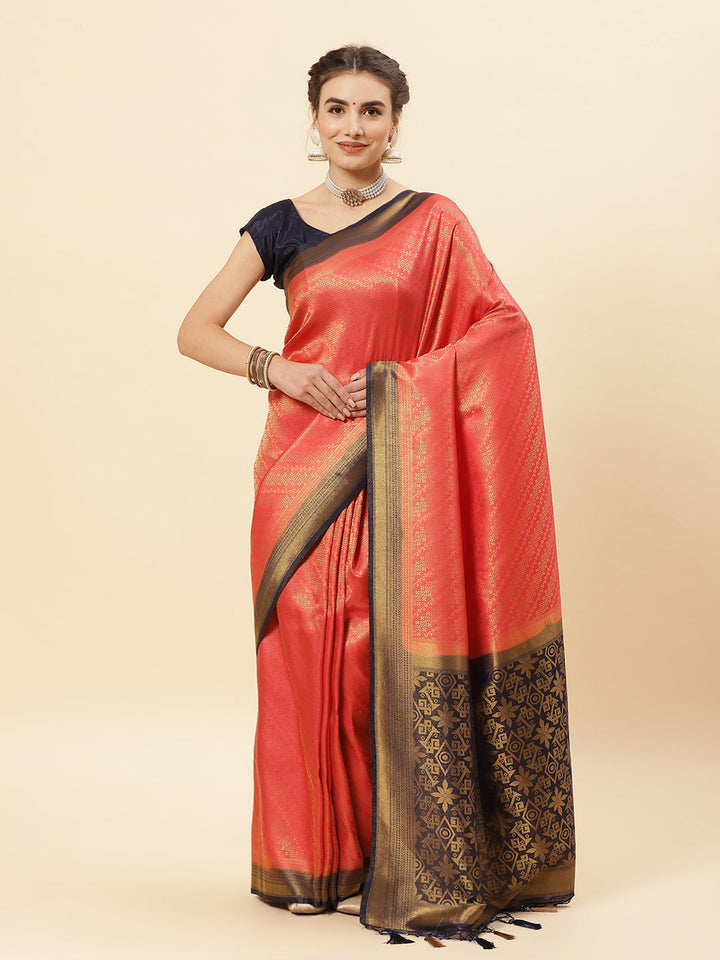 Brocade Zari Jaal Art Handloom Saree with contrast Blouse