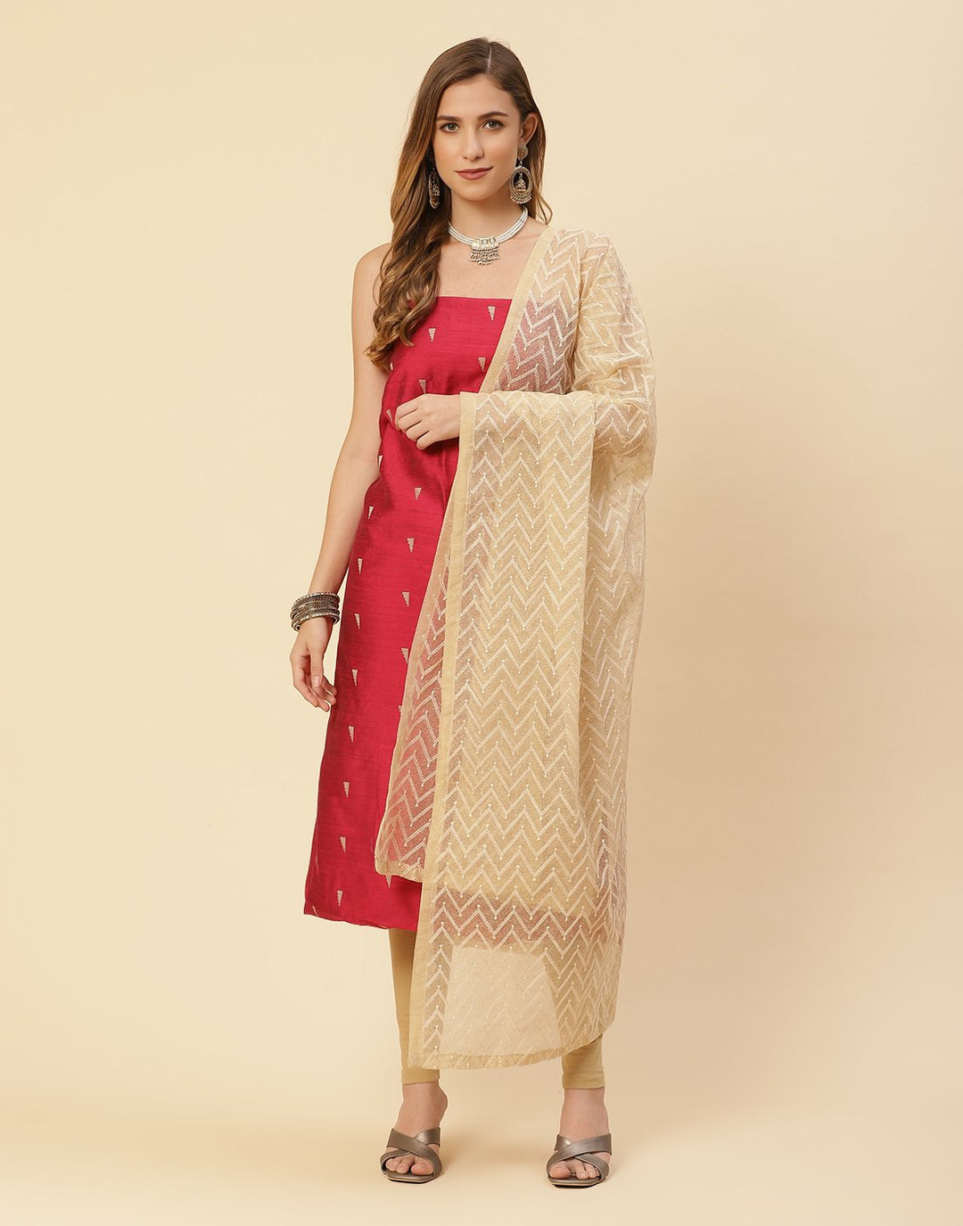 Embroidered Chanderi Suit Piece With Kota Dupatta