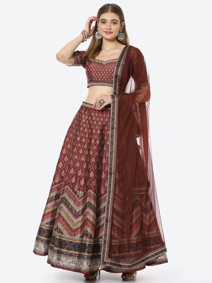 Floral Digital Printed Tussar Silk Choli With Lehenga &amp; Net Dupatta