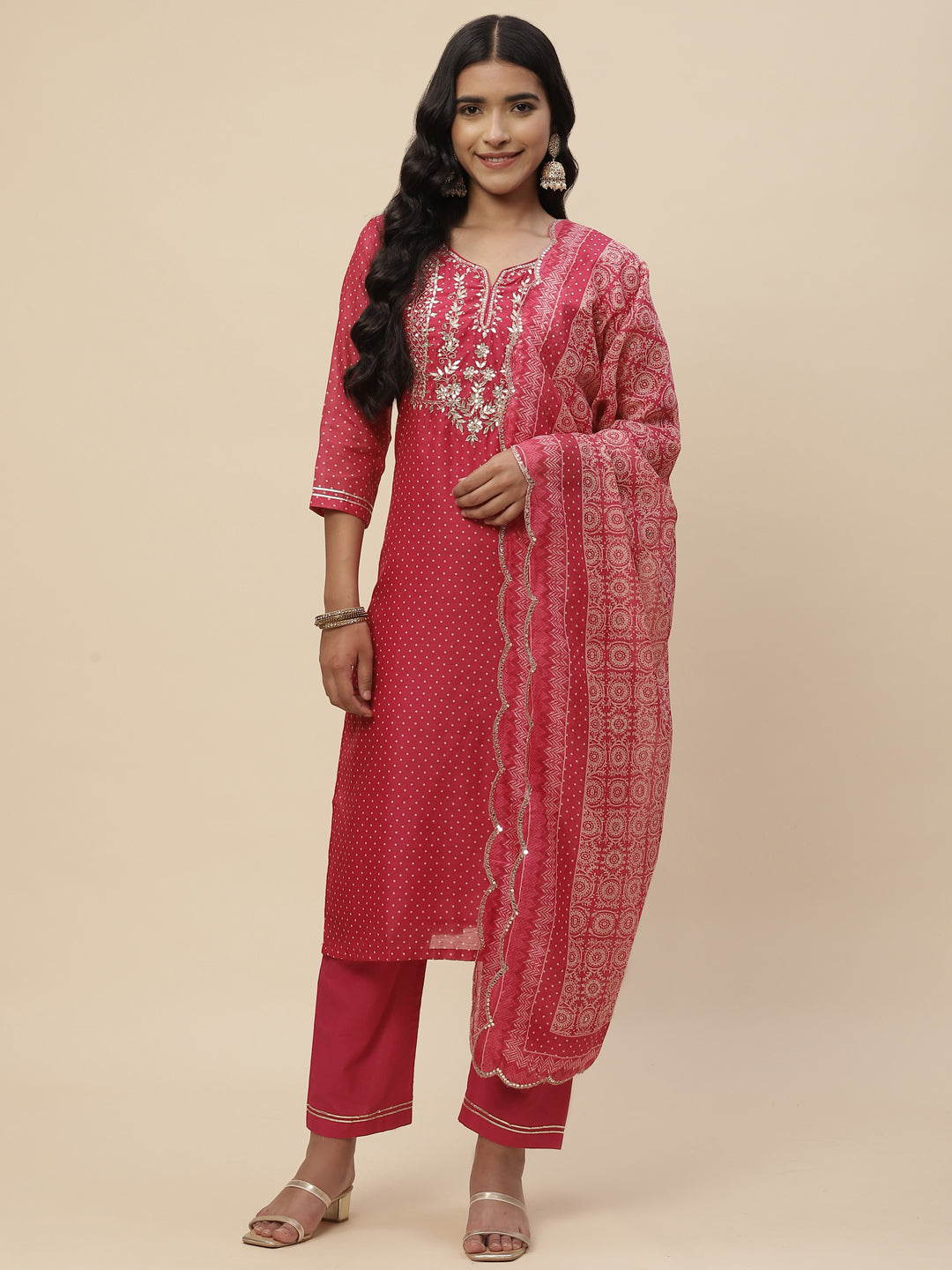 Zari Neck Embroidered Chanderi Kurta With Pants &amp; Dupatta