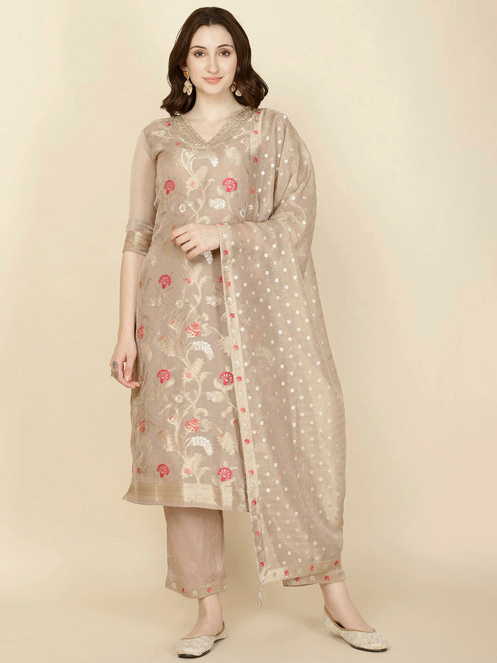 Floral Woven Tissue Kurta With Pants &amp; Dupatta