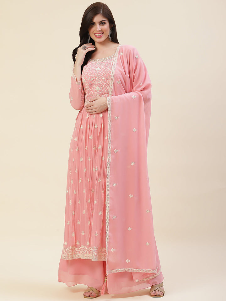 Resham Embroidered Booti Georgette Kurta With Palazzo &amp; Dupatta