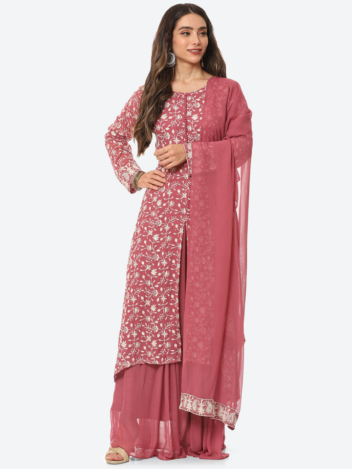 Resham Jaal Georgette Kurta With Palazzo &amp; Dupatta